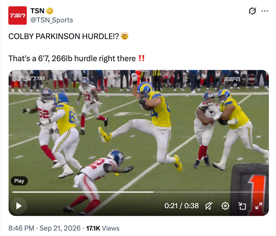 TSN: Rams tight end Colby Parkinson hurdles a defender after a catch